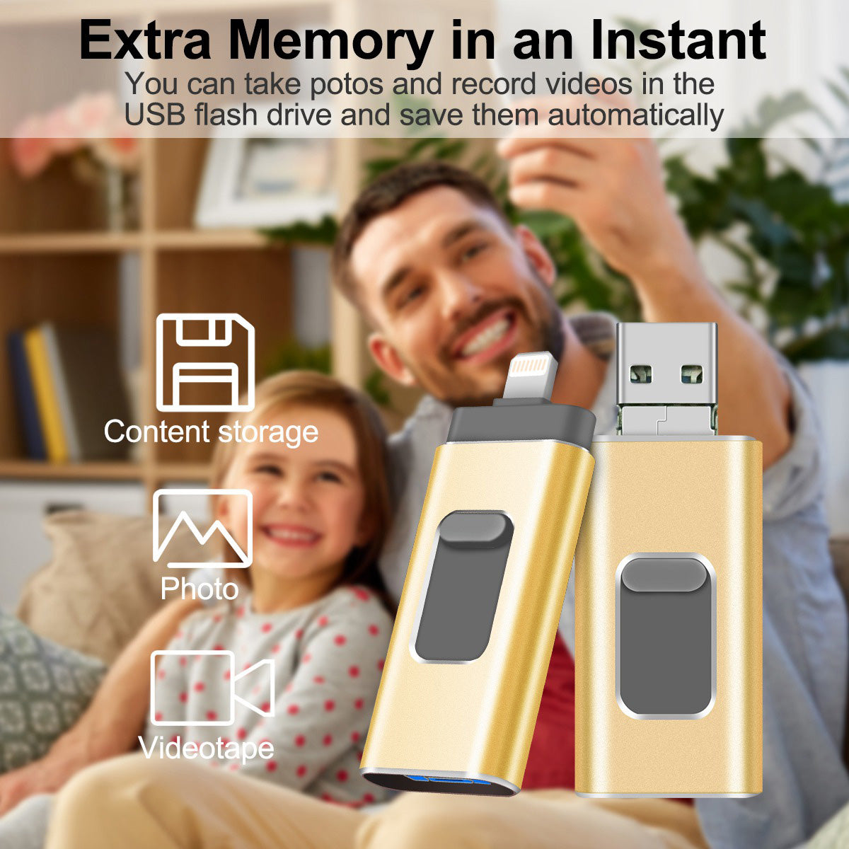 Uniqkart R-01B 64GB Driver Free USB 3.0 Flash Drive USB Memory Stick Thumb Drive Photo Stick for iPhone Android PC - Gold