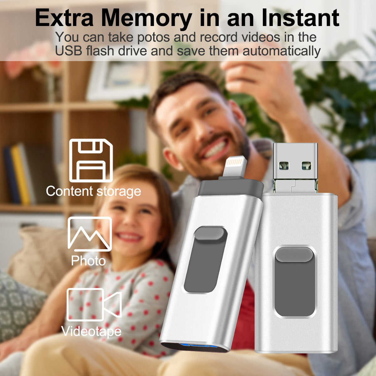 Uniqkart R-01B 32GB USB Memory Stick for iPhone Android PC, Portable USB 3.0 Flash Drive Thumb Drive Photo Stick - Silver