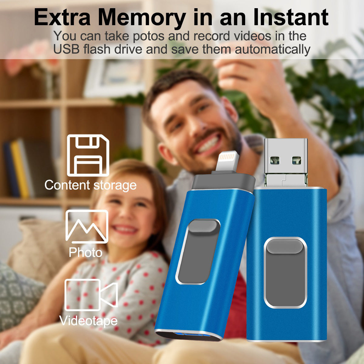 Uniqkart R-01B 8GB High Speed USB 3.0 Flash Drive 3 in 1 Photo Stick for iPhone Android PC Memory Stick - Blue
