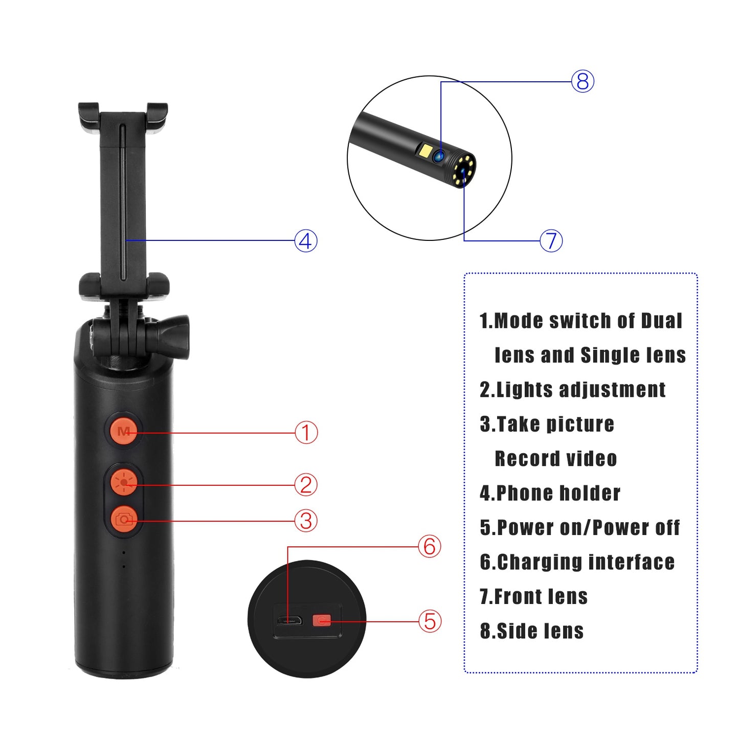 F280 5m Hard Wire 1080P 8mm Dual Lens Industrial Endoscope Camera Dimmable 9-LED WiFi Waterproof Pipe Inspection Tool