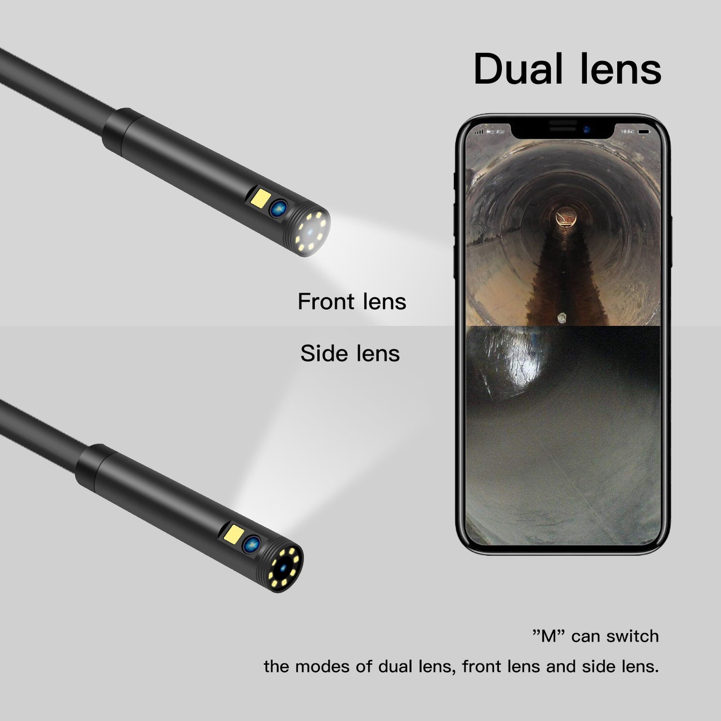 F280 5m Hard Wire 1080P 8mm Dual Lens Industrial Endoscope Camera Dimmable 9-LED WiFi Waterproof Pipe Inspection Tool