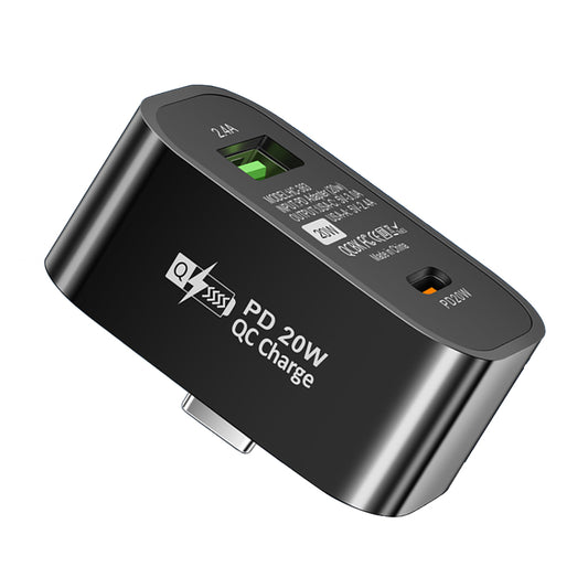 Type-C to Type-C + USB-A Splitter Dual Port Extender PD 20W Fast Charging Adapter, Square - Black