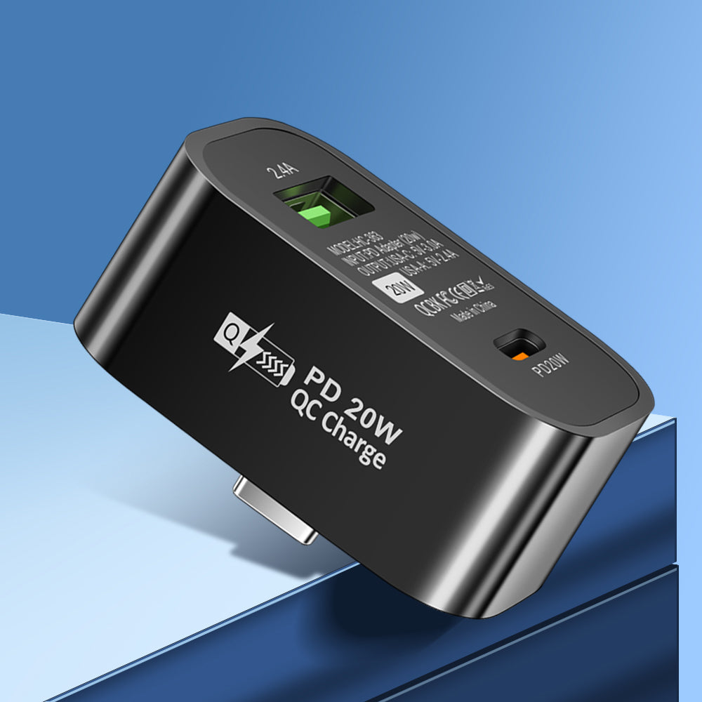 Type-C to Type-C + USB-A Splitter Dual Port Extender PD 20W Fast Charging Adapter, Square - Black