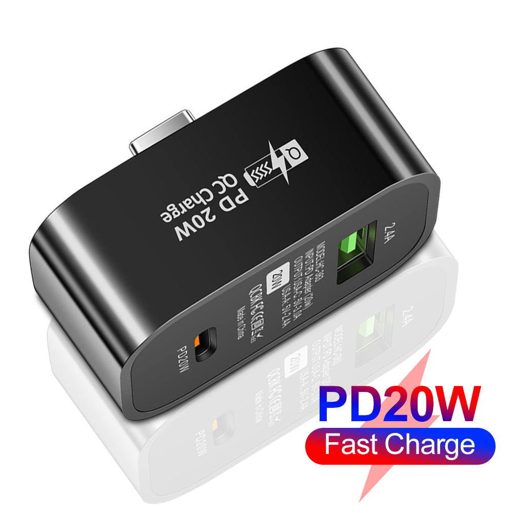 Type-C to Type-C + USB-A Splitter Dual Port Extender PD 20W Fast Charging Adapter, Square - Black