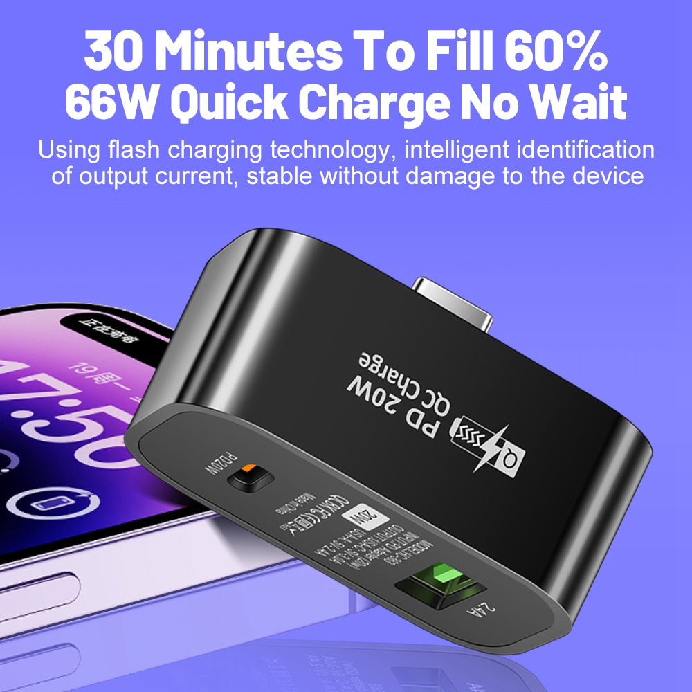 Type-C to Type-C + USB-A Splitter Dual Port Extender PD 20W Fast Charging Adapter, Square - Black