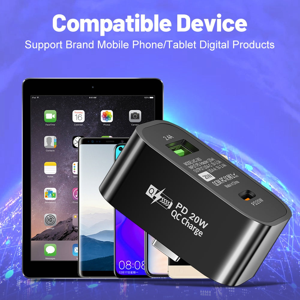 Type-C to Type-C + USB-A Splitter Dual Port Extender PD 20W Fast Charging Adapter, Square - Black