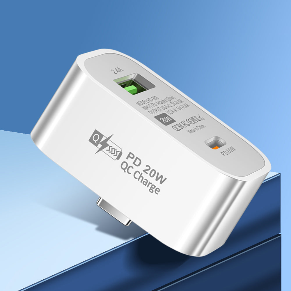 Type-C to Type-C + USB-A Splitter Dual Port Extender PD 20W Fast Charging Adapter, Square - White