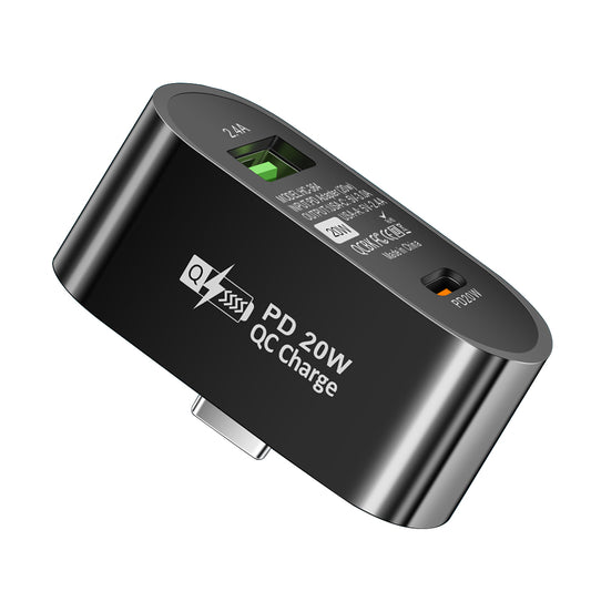 Plug and Play Type-C to Type-C + USB-A Splitter Dual Port Extender PD 20W Fast Charging Adapter, Oval - Black