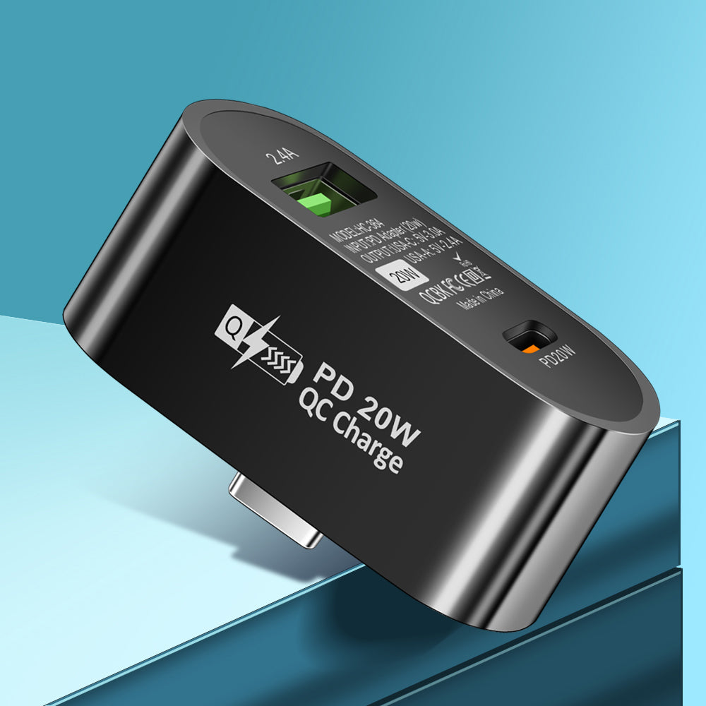 Plug and Play Type-C to Type-C + USB-A Splitter Dual Port Extender PD 20W Fast Charging Adapter, Oval - Black
