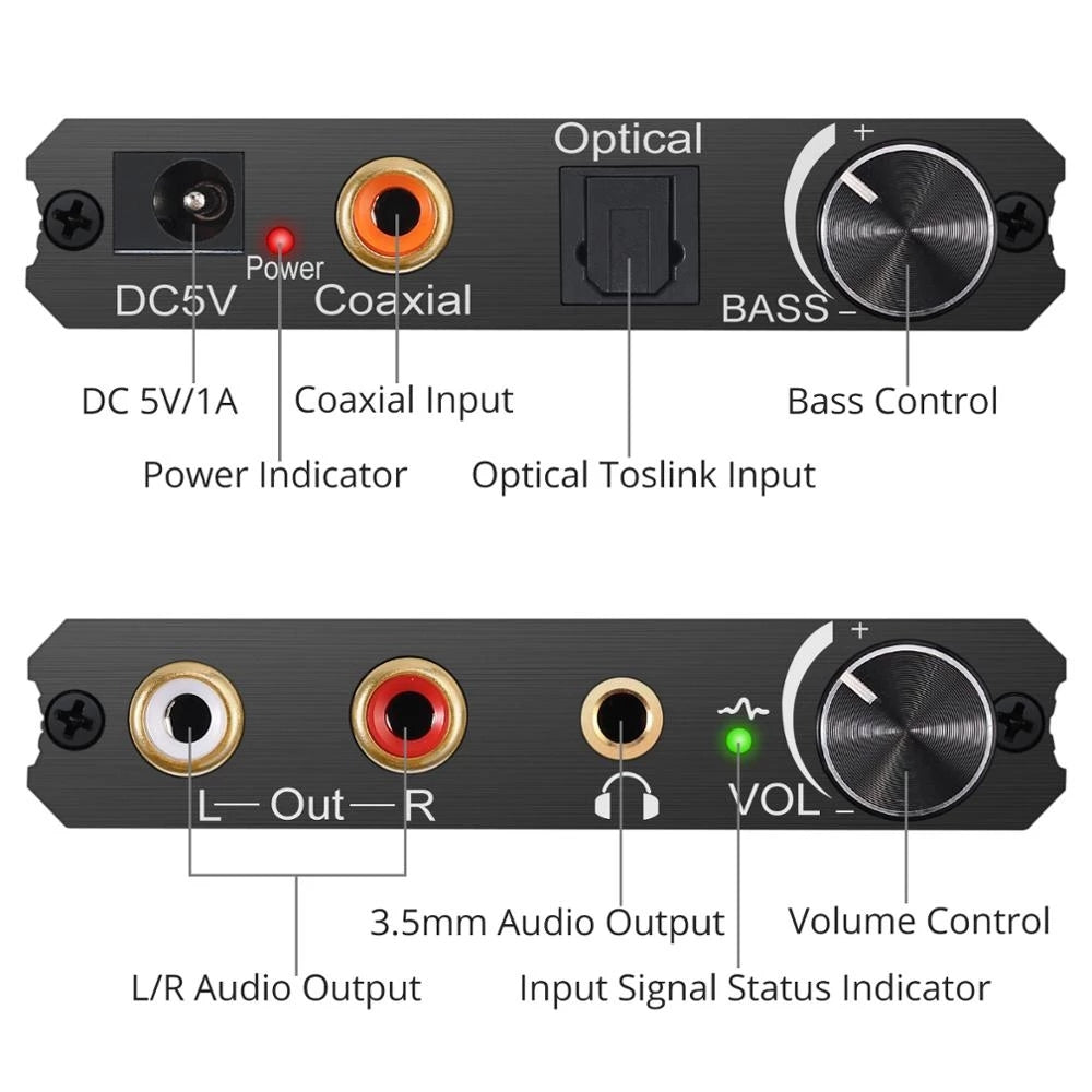 AY106 192Khz 24Bit DAC Digital to Analog Audio Converter with Volume Adjustment and Bass Control