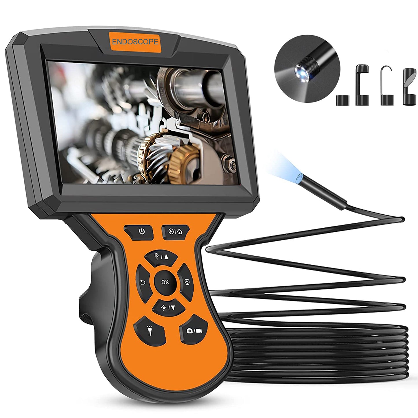 M50 5m Hard Wire Industrial Endoscope 5.5mm Len 1080P 6-LED Borescope Inspection Camera 5inch IPS Screen - Orange