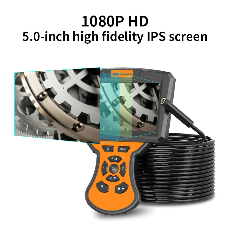 M50 5m Hard Wire Industrial Endoscope 5.5mm Len 1080P 6-LED Borescope Inspection Camera 5inch IPS Screen - Orange