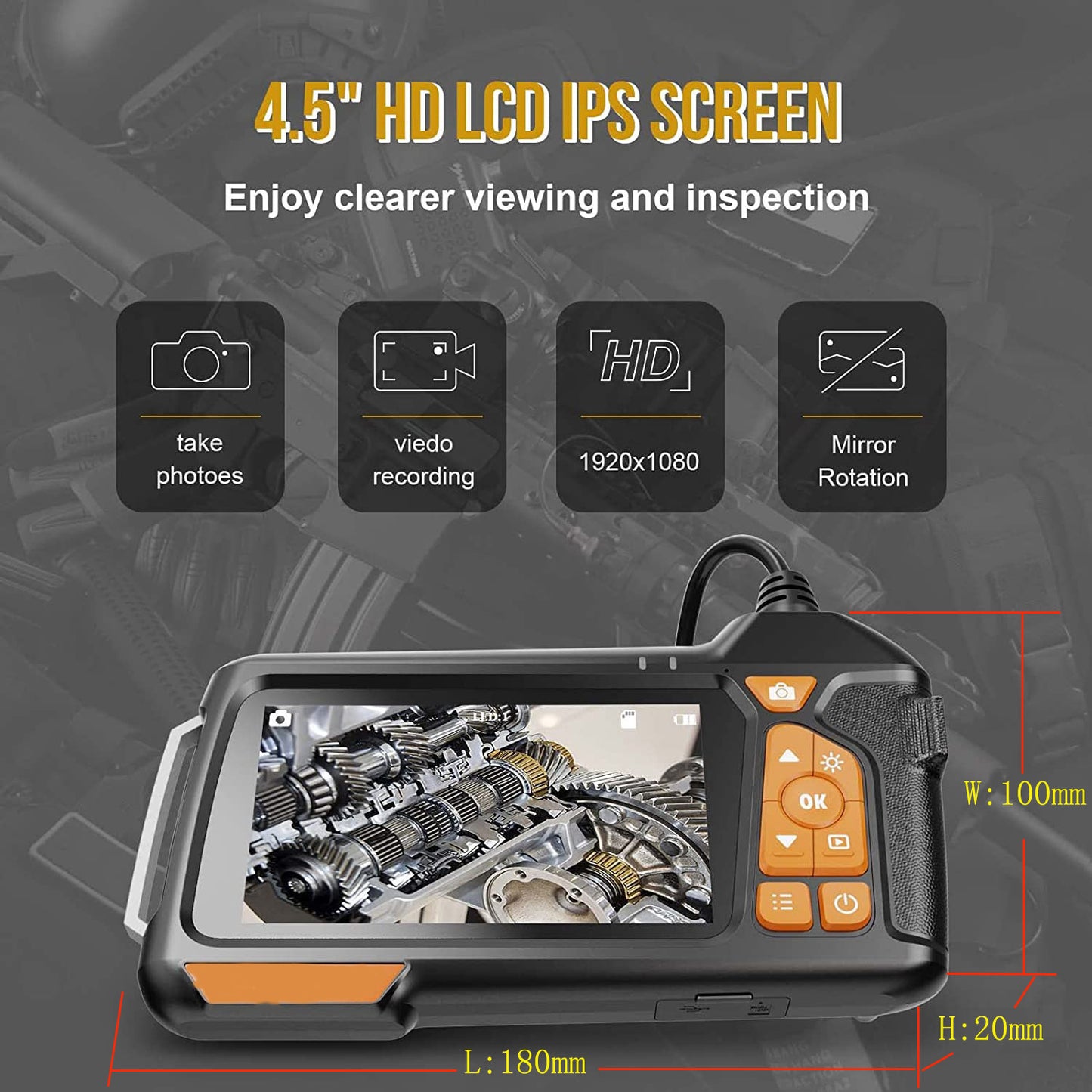 M40 1m Hard Wire Borescope Camera with 6+1 LED Lights 5mm 4.5inch IPS Screen Dual-lens Industrial Endoscope - Black+Orange