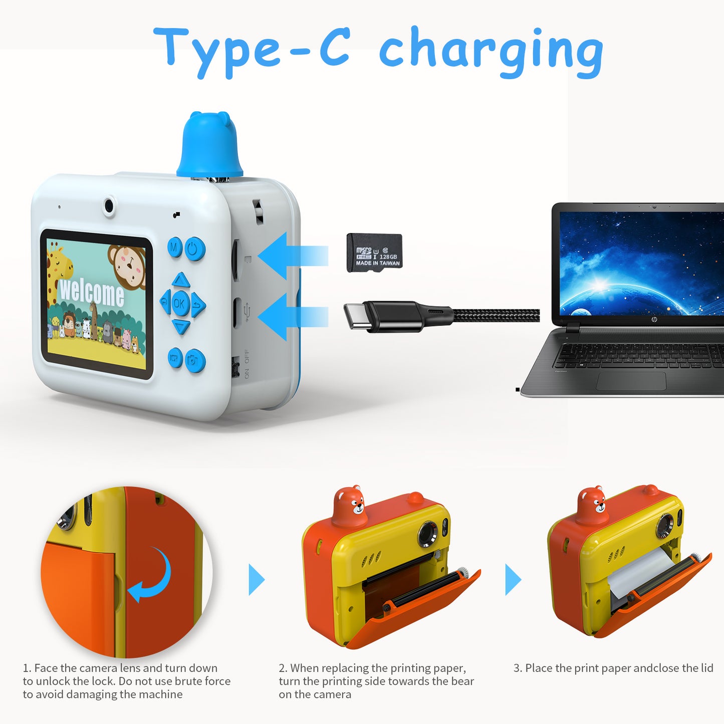 IPS 2.36&quot; HD Display Children Camera Thermal Printing Photo Cartoon Camera Toy Dual Lens Camera Printer - Sky Blue