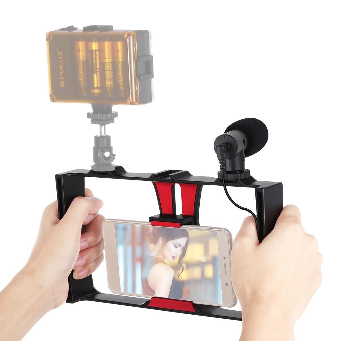 PULUZ 2 in 1 Live Broadcast Smartphone Video Rig + Microphone Kits for iPhone, Galaxy, Huawei, Xiaomi, HTC, LG, Google, and Other Smartphones (Red)