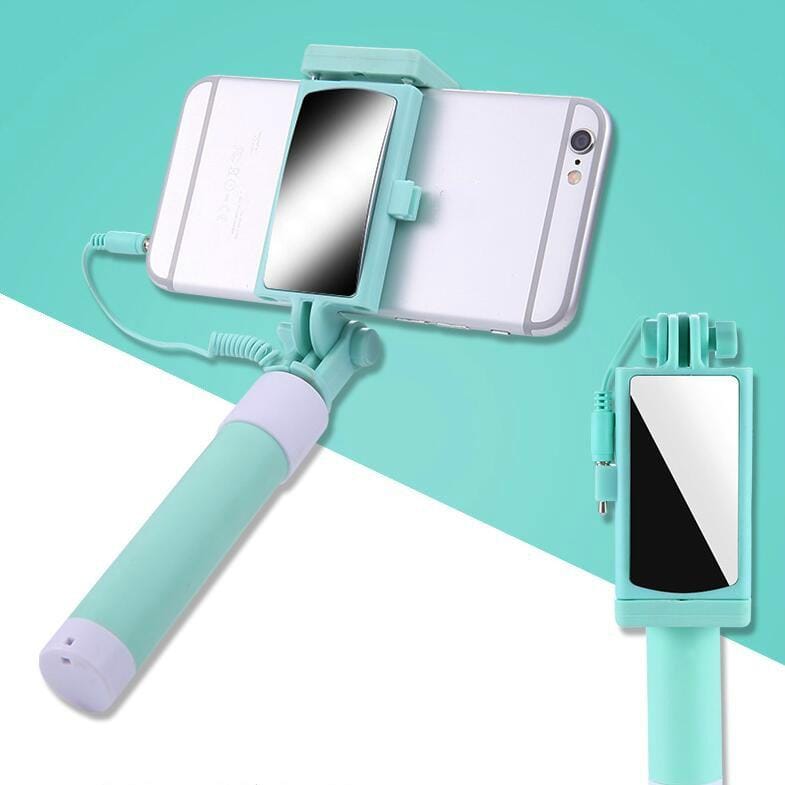 3.5mm Plug Mini Stainless Steel Folding Remote Control Selfie Stick with Rearview Mirror (Green)
