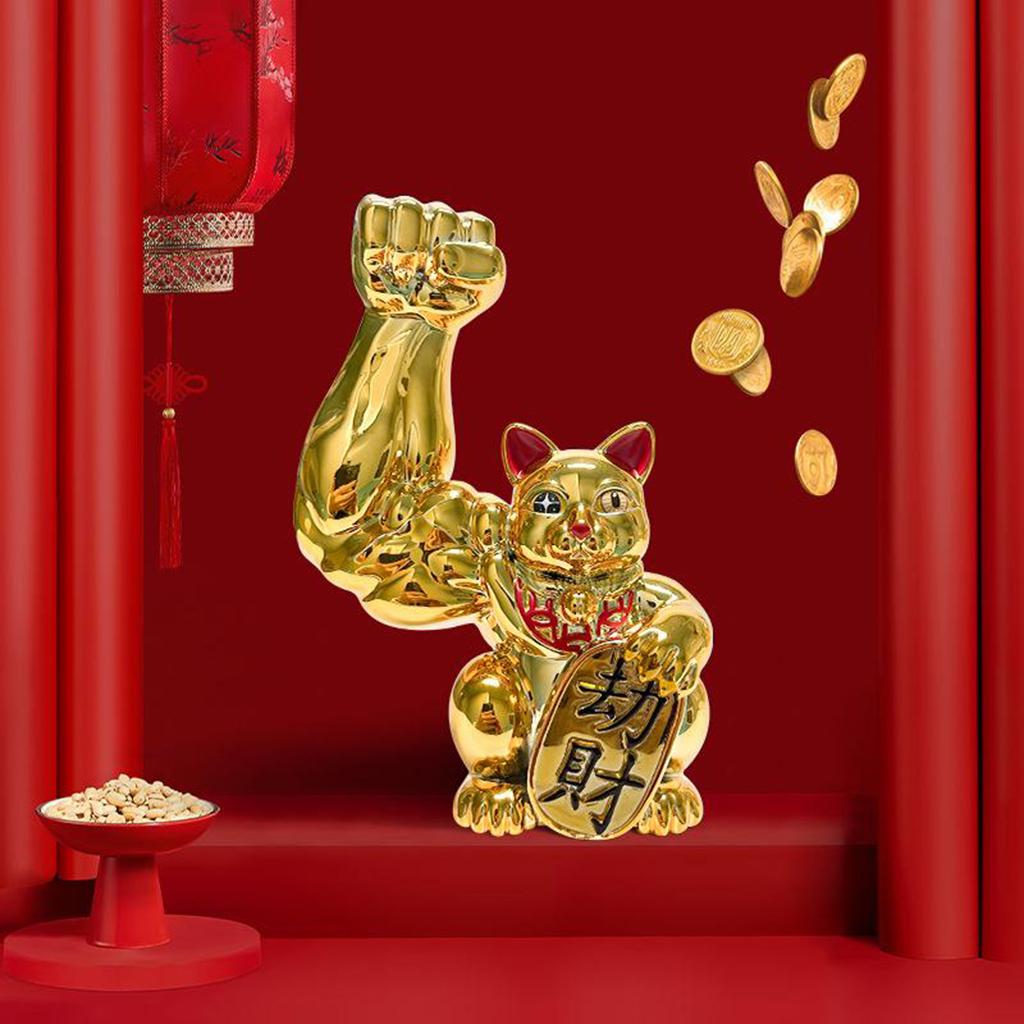 1pc Muscle Arm Lucky Cat Figurines Golden Feng Shui Welcome Cat Home Decor
