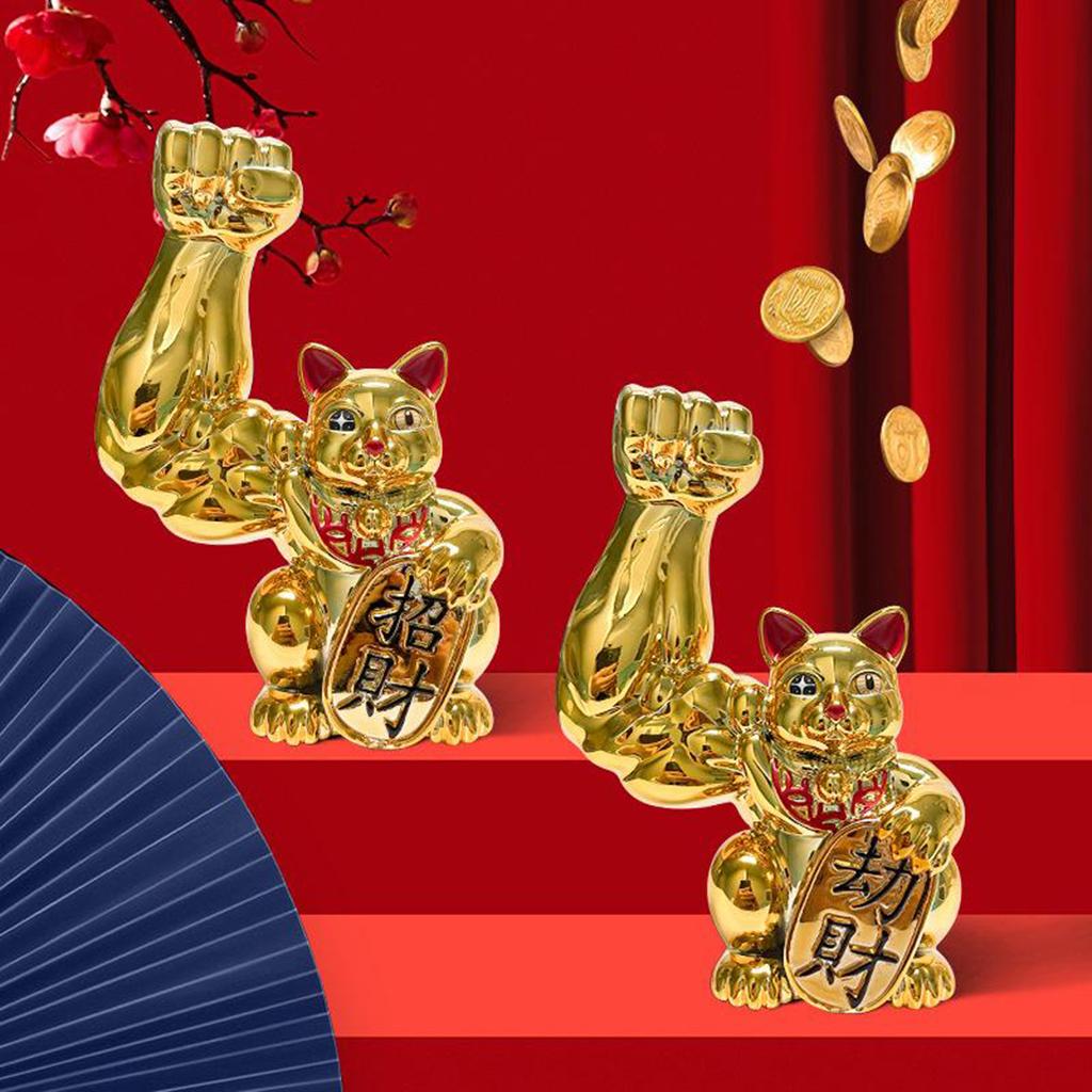 1pc Muscle Arm Lucky Cat Figurines Golden Feng Shui Welcome Cat Home Decor