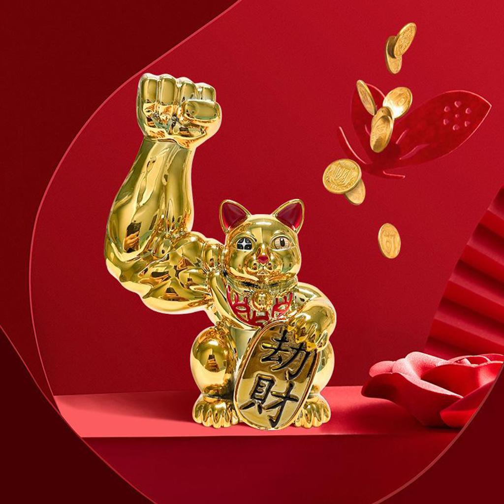 1pc Muscle Arm Lucky Cat Figurines Golden Feng Shui Welcome Cat Home Decor