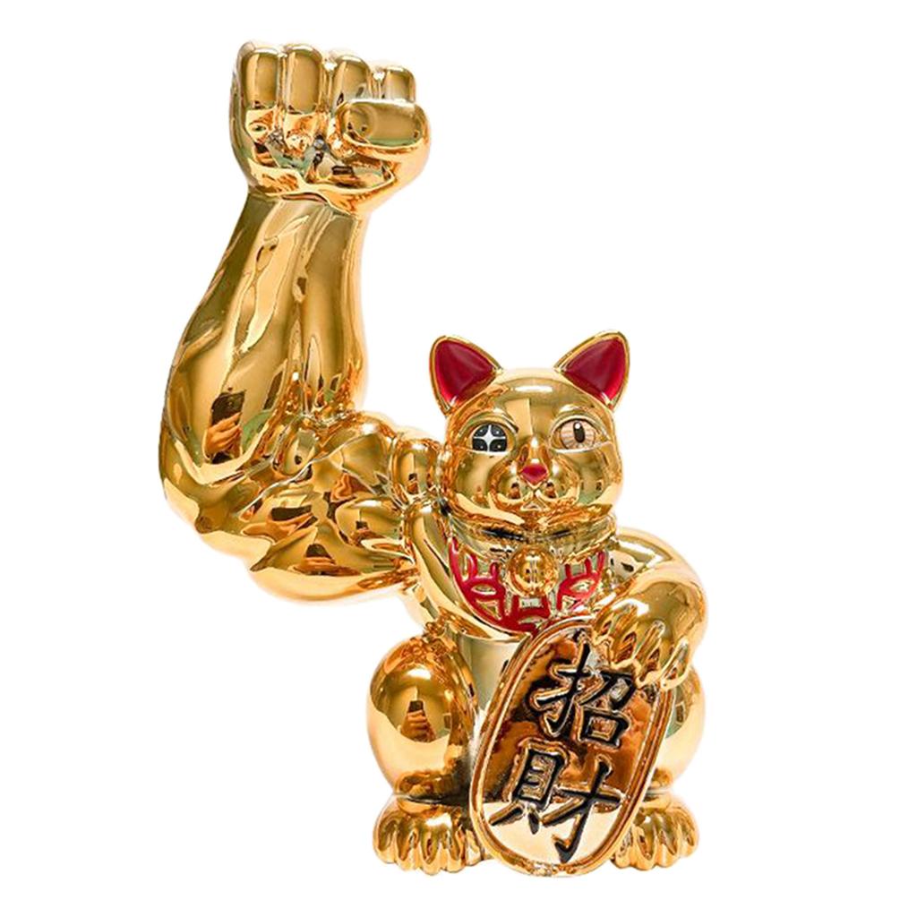 1pc Muscle Arm Lucky Cat Figurines Golden Feng Shui Welcome Cat Home Decor