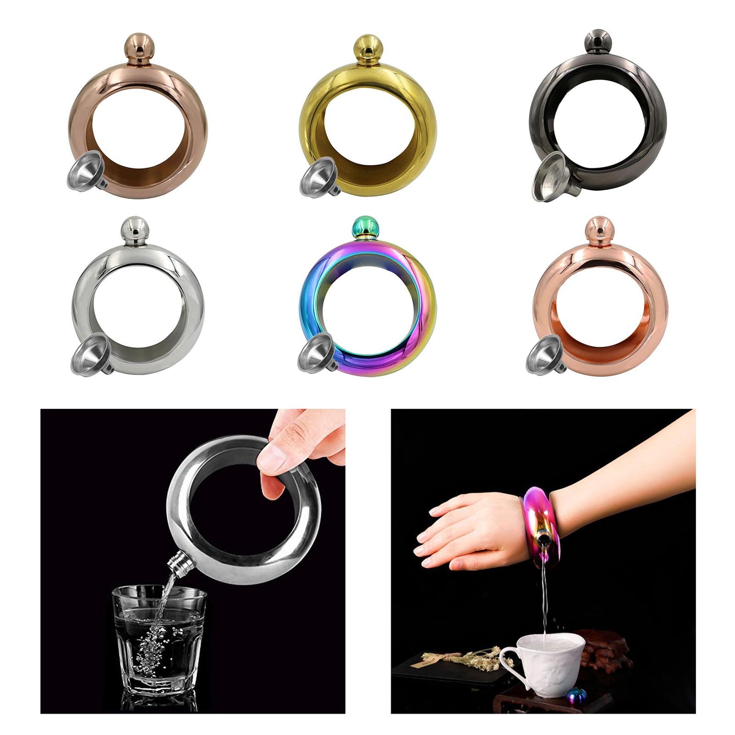 Bracelet Wine Flask with Funnel for Outdoor Camping Hiking Silver