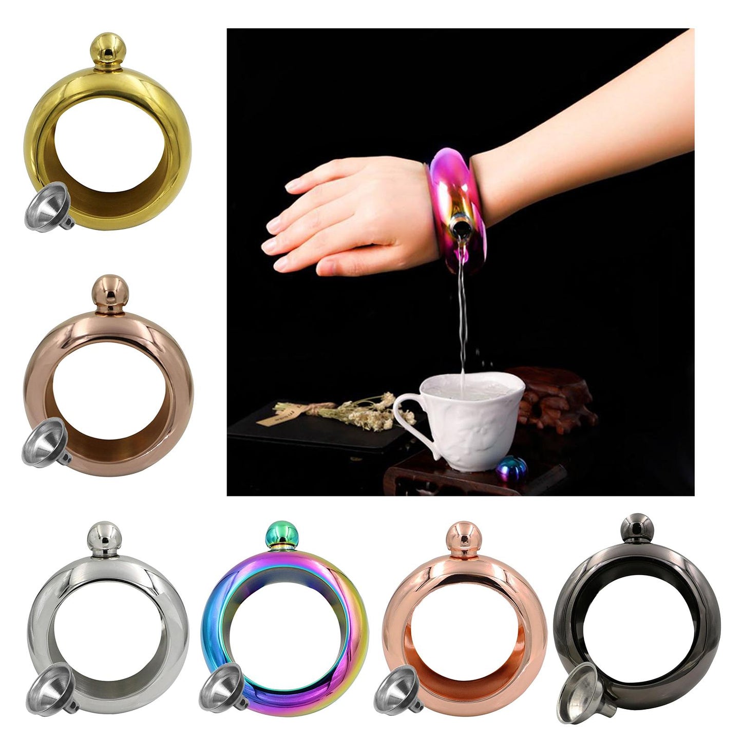 Bracelet Wine Flask with Funnel for Outdoor Camping Hiking Silver