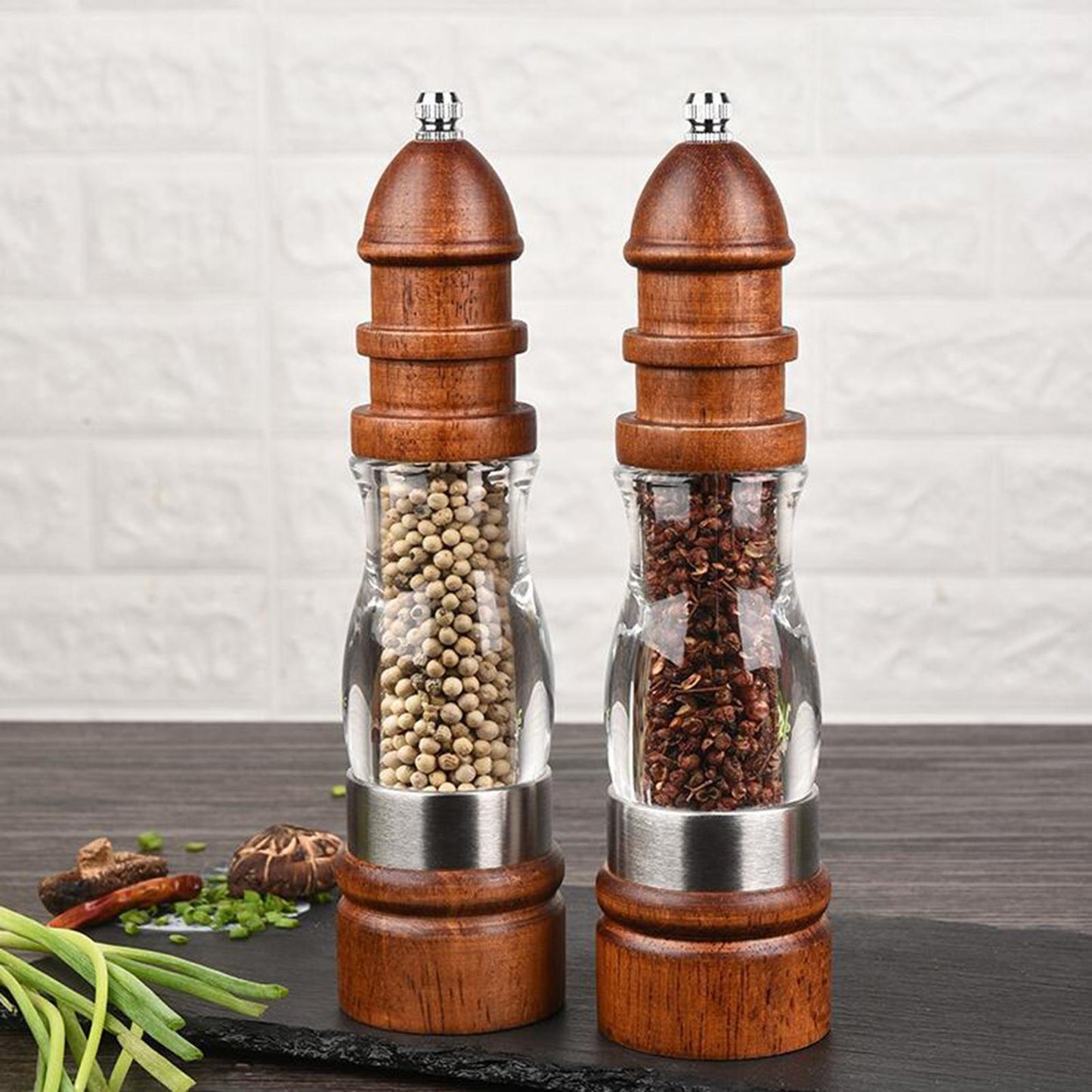 Salt and Pepper Grinder Hand Movement Acrylic Wood Pepper Mill 2 Pieces