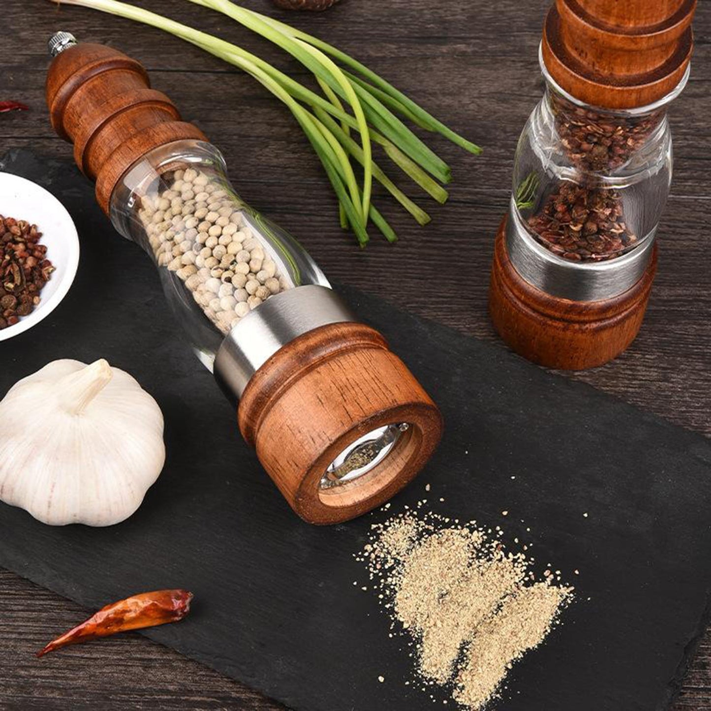 Salt and Pepper Grinder Hand Movement Acrylic Wood Pepper Mill 2 Pieces
