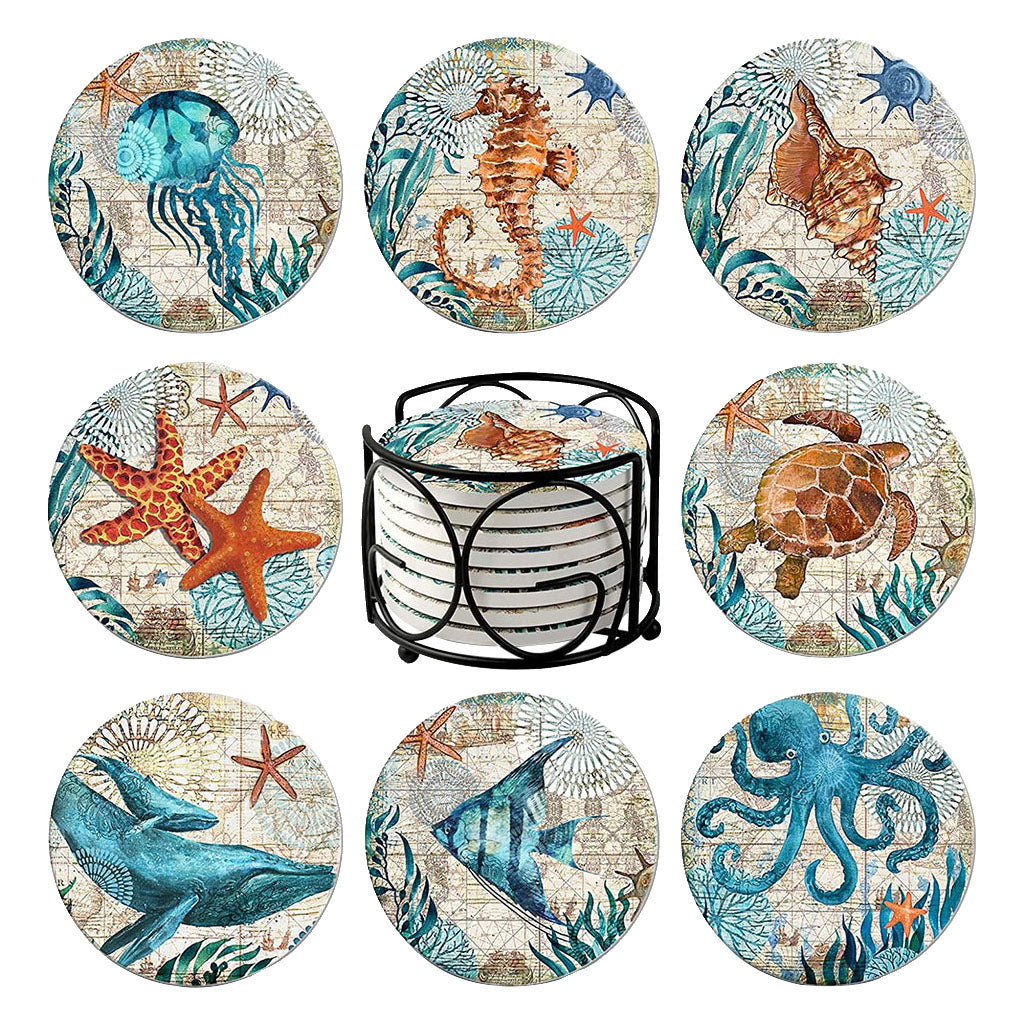 8x Cork Base Drinks Coasters With Holder Cup Pads Placemat Dining Room Decor
