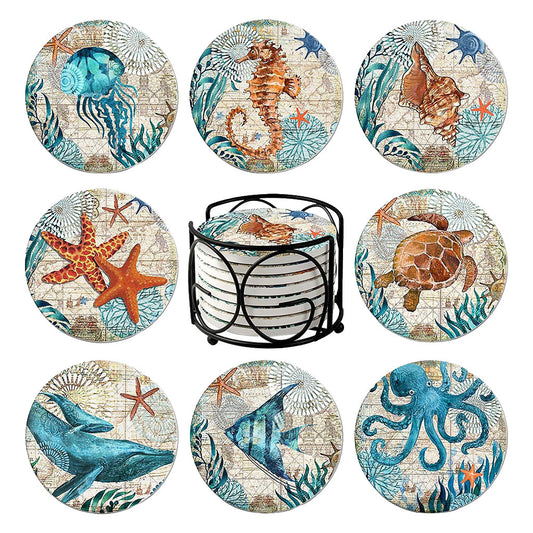 8x Cork Base Drinks Coasters With Holder Cup Pads Placemat Dining Room Decor