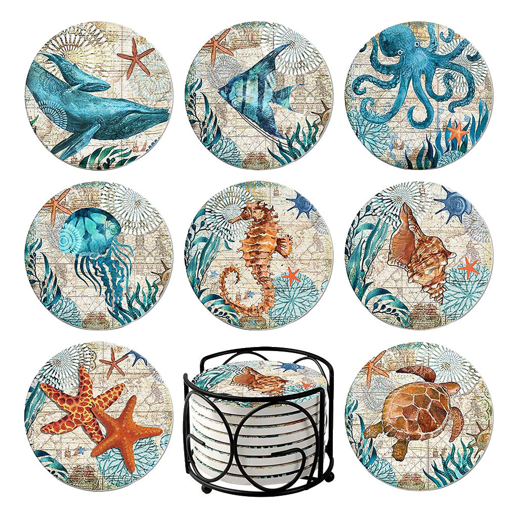 8x Cork Base Drinks Coasters With Holder Cup Pads Placemat Dining Room Decor