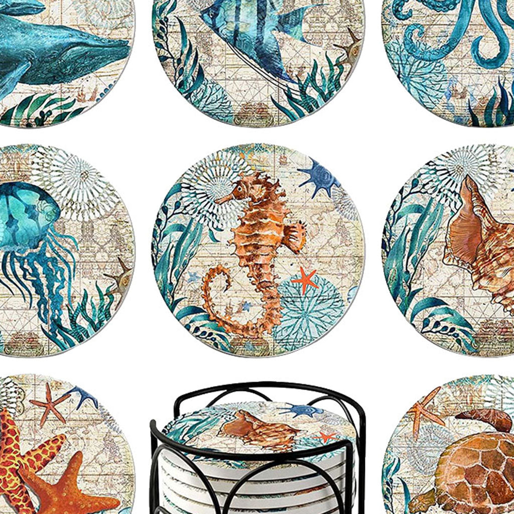 8x Cork Base Drinks Coasters With Holder Cup Pads Placemat Dining Room Decor