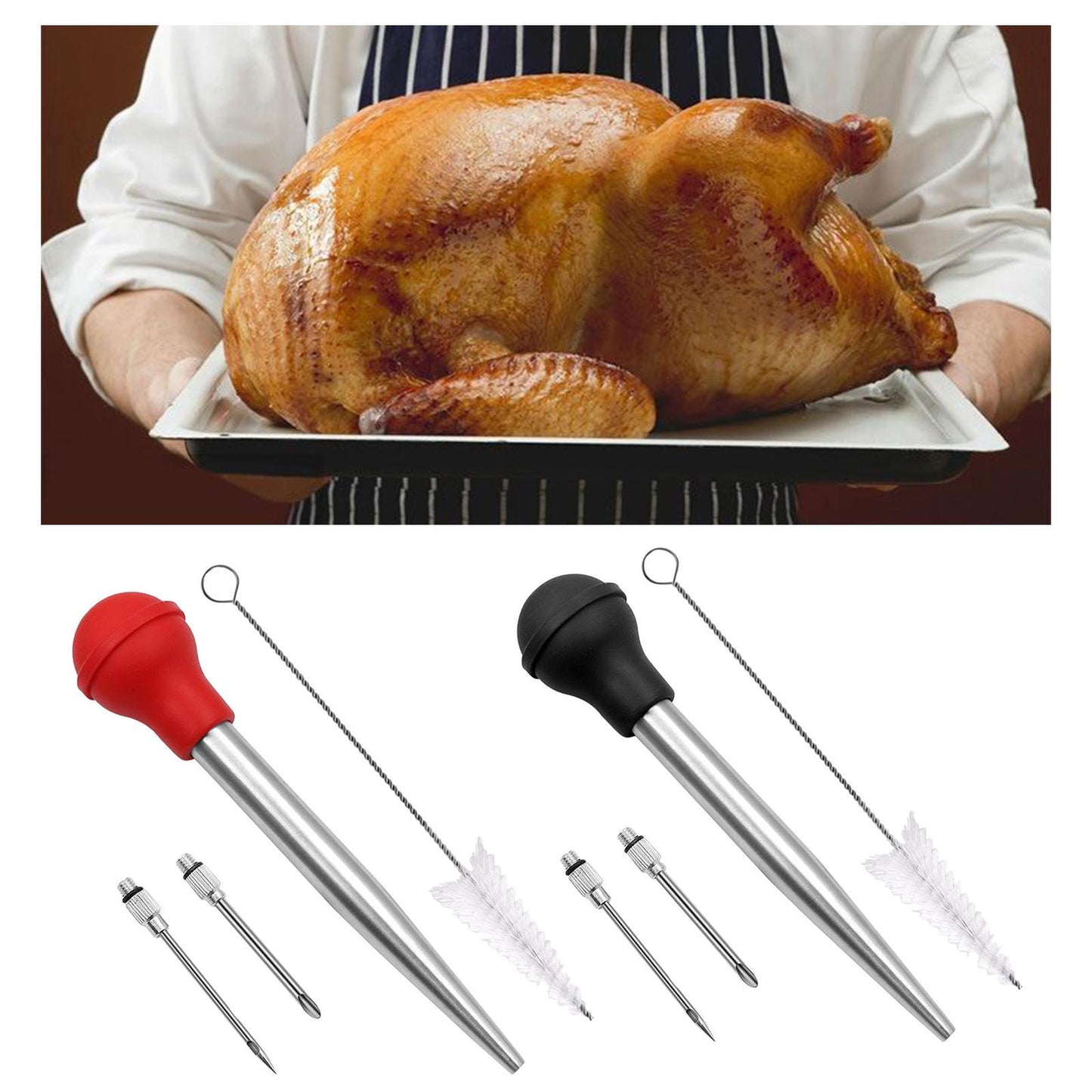 Stainless Turkey Baster Injector Needle Silicone Bulb for Basting Kitchen black