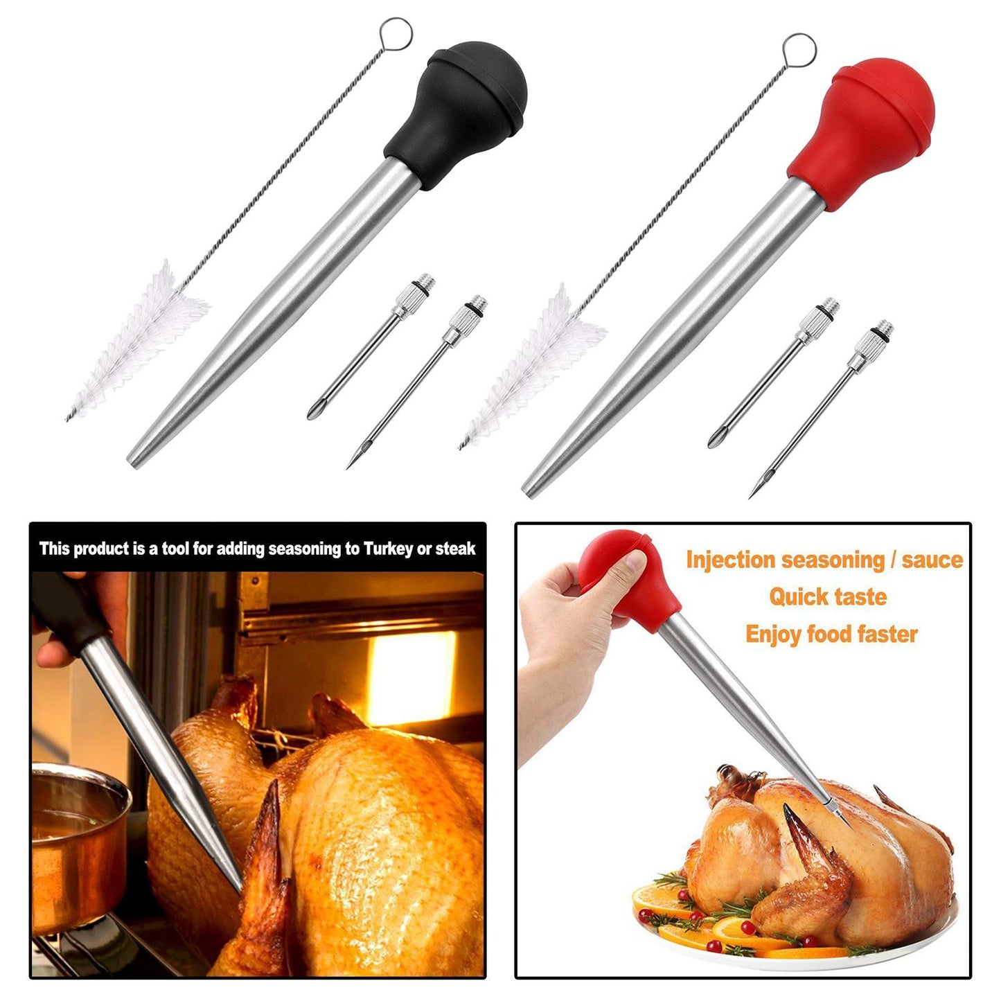 Stainless Turkey Baster Injector Needle Silicone Bulb for Basting Kitchen black