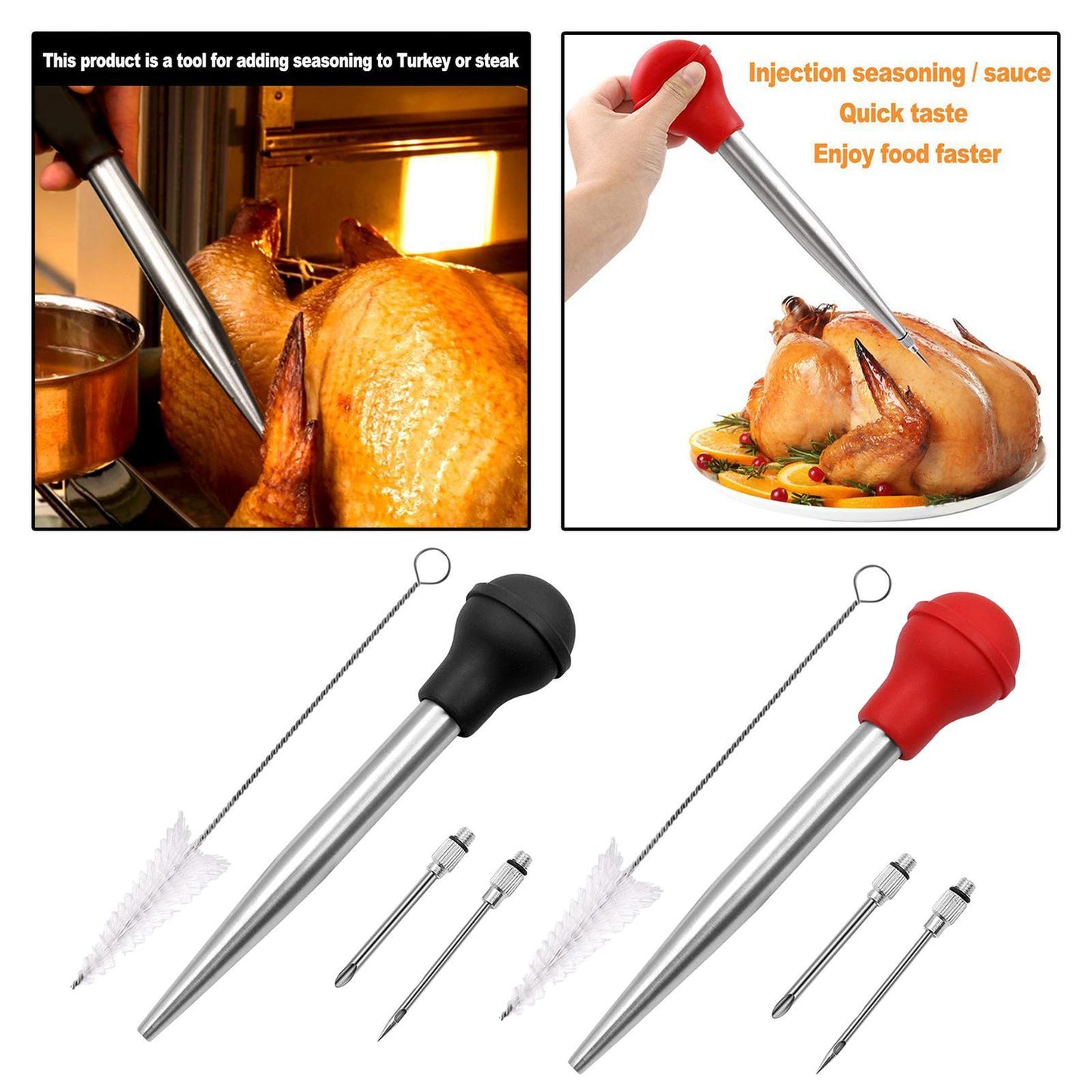 Stainless Turkey Baster Injector Needle Silicone Bulb for Basting Kitchen black