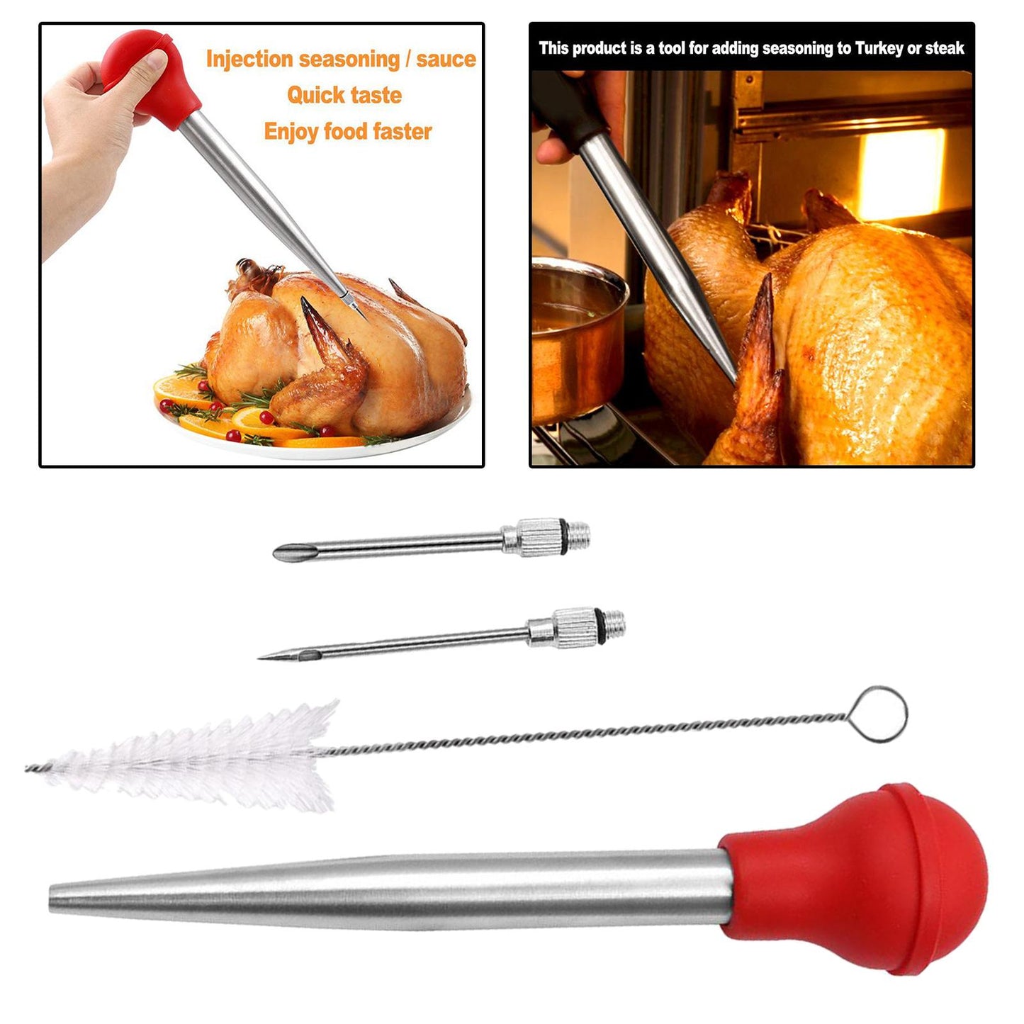 Stainless Turkey Baster Injector Needle Silicone Bulb for Basting Kitchen red