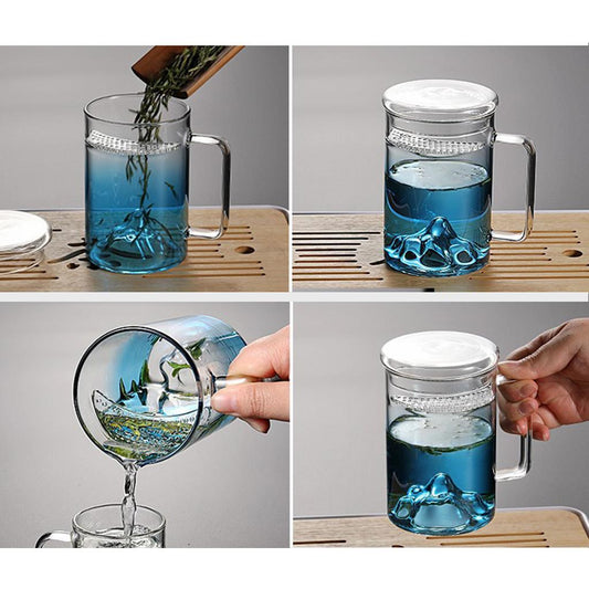 Glass Tea Cup with Lid Filter Glass Cup Travel Teacup Teaware Water Mug Blue