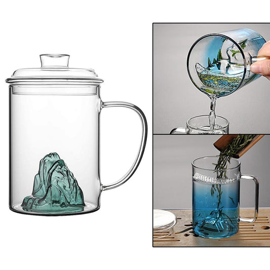Glass Tea Cup with Lid Filter Glass Cup Travel Teacup Teaware Water Mug Cyan