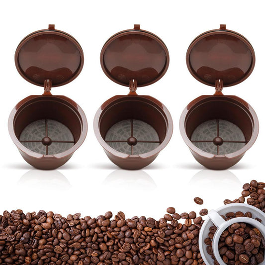 3Pcs Reusable Coffee Capsule Filters with Spoon and Cleaning Brush Brown