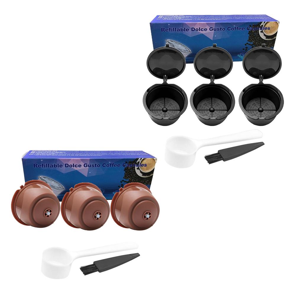 3Pcs Reusable Coffee Capsule Filters with Spoon and Cleaning Brush Brown