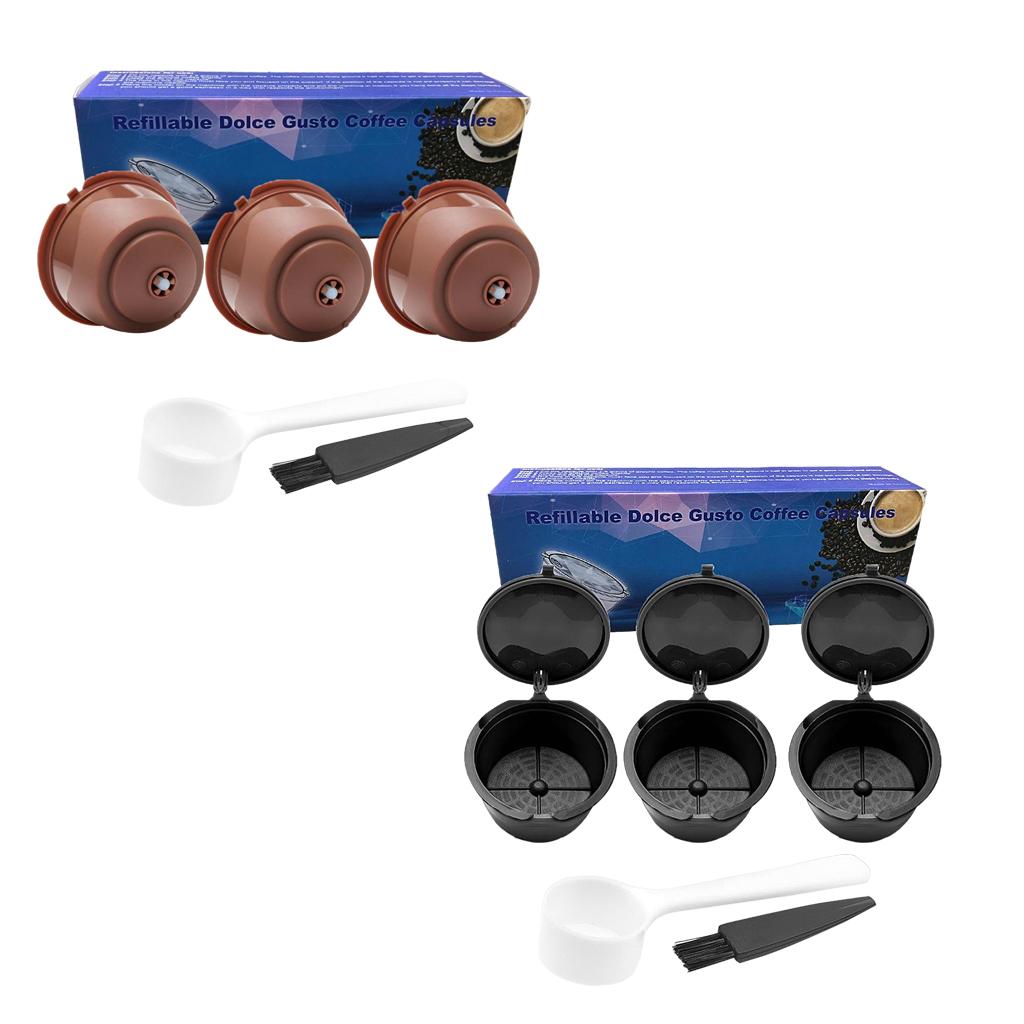 3Pcs Reusable Coffee Capsule Filters with Spoon and Cleaning Brush Brown