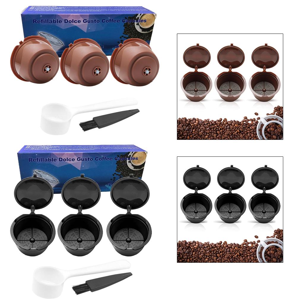 3Pcs Reusable Coffee Capsule Filters with Spoon and Cleaning Brush Brown