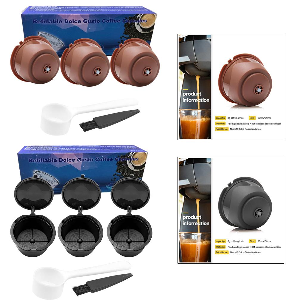 3Pcs Reusable Coffee Capsule Filters with Spoon and Cleaning Brush Brown