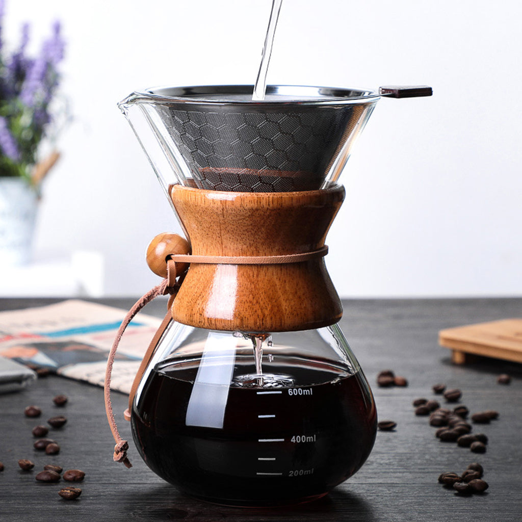 21 oz Pour Over Coffee Maker Reusable Anti-Scald Wooden Handle Transparent 600ml with Filter