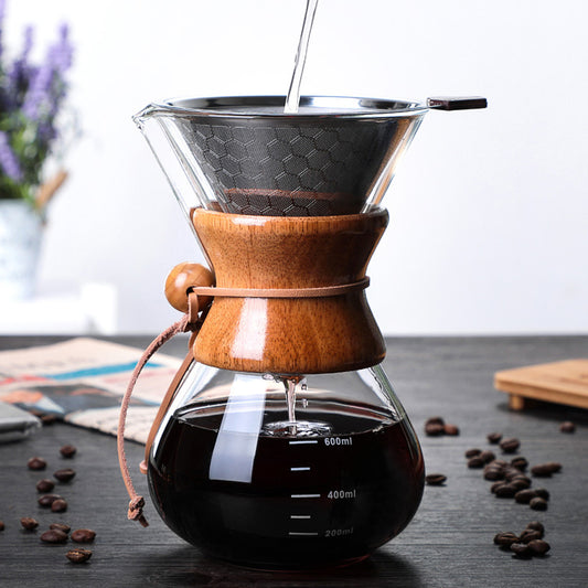 21 oz Pour Over Coffee Maker Reusable Anti-Scald Wooden Handle Transparent 600ml with Filter