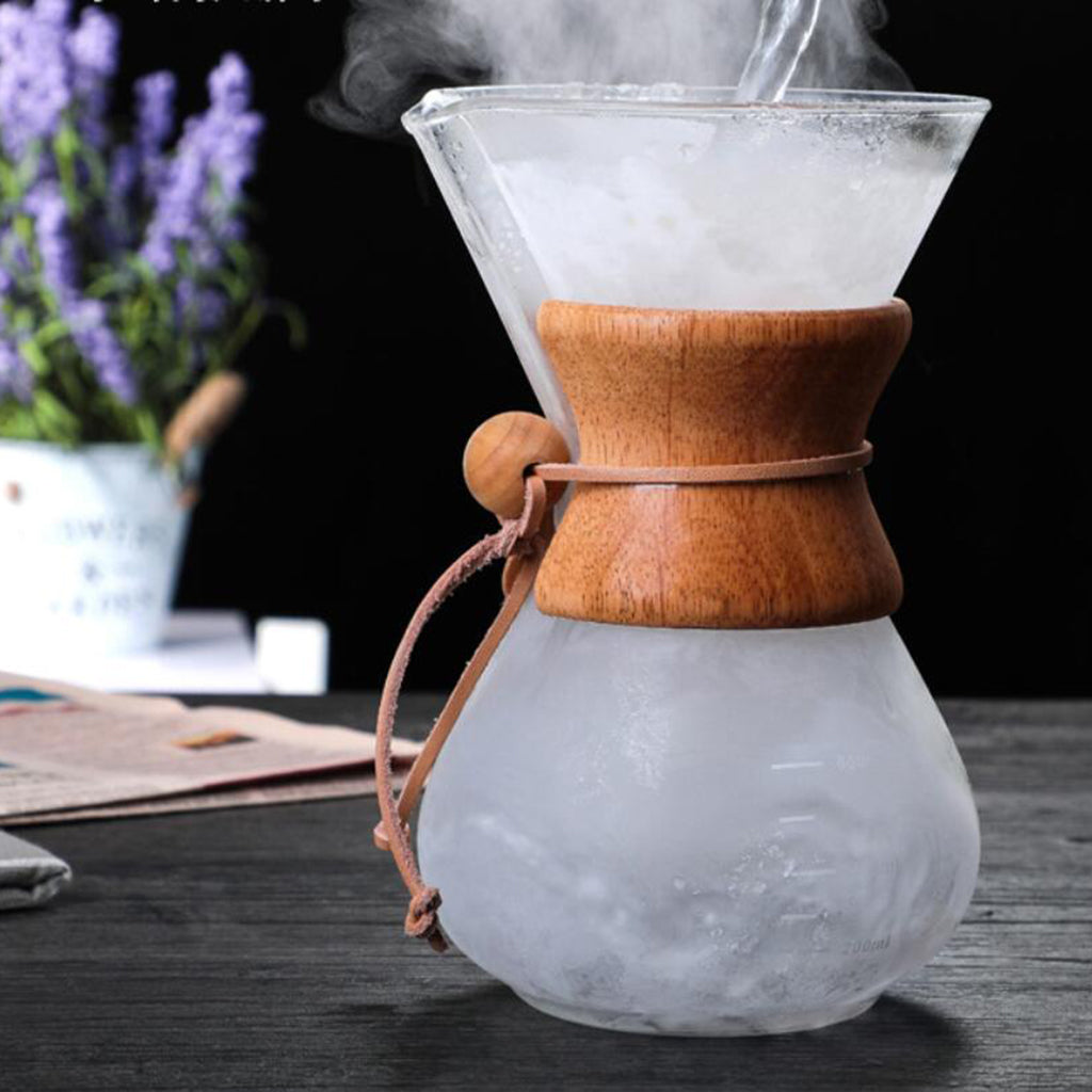 21 oz Pour Over Coffee Maker Reusable Anti-Scald Wooden Handle Transparent 600ml with Filter