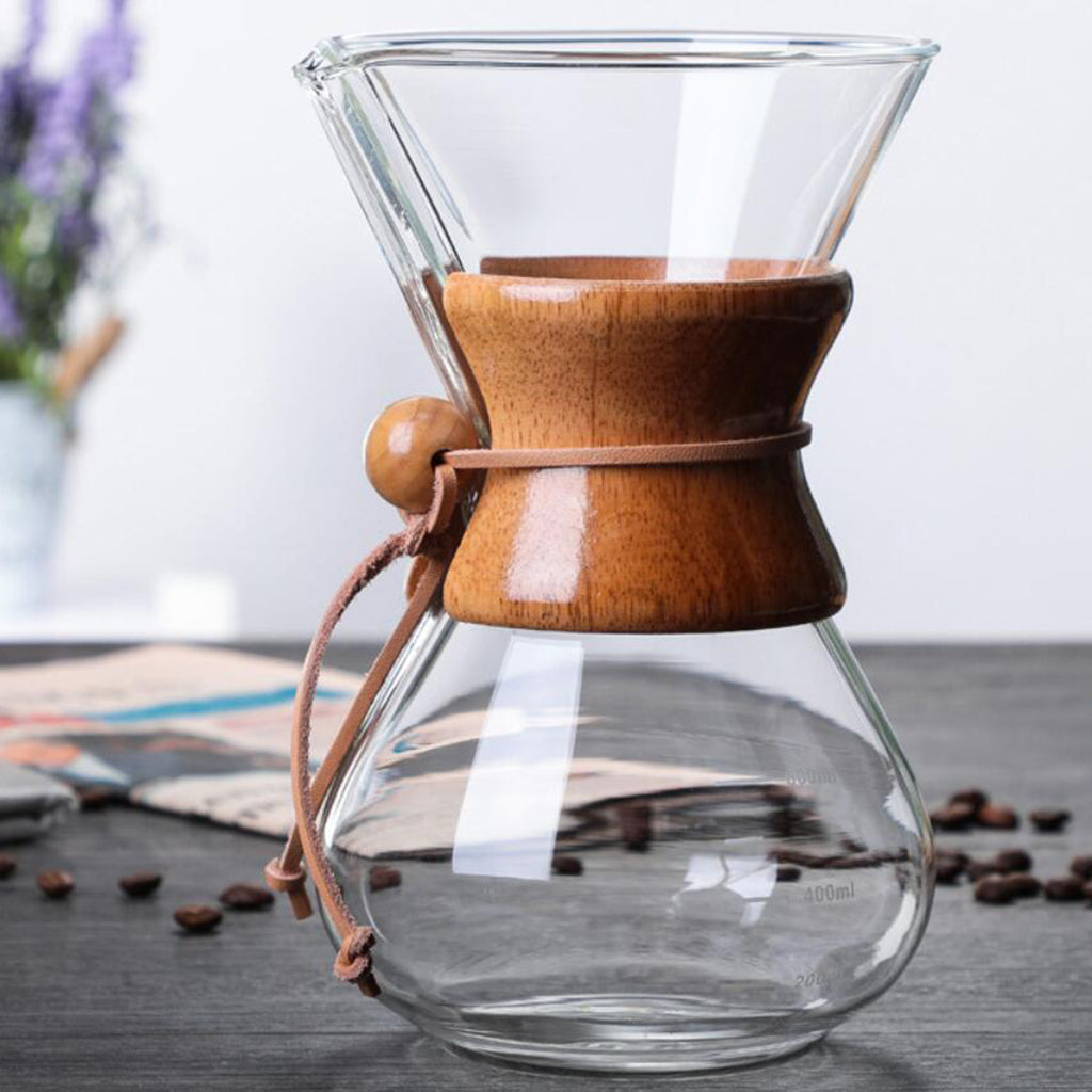 21 oz Pour Over Coffee Maker Reusable Anti-Scald Wooden Handle Transparent 600ml with Filter