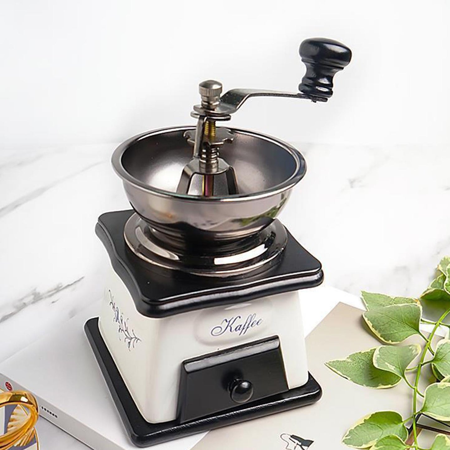 Hand Crank Manual Coffee Grinder Machine with Ceramic Burrs and Catch Drawer