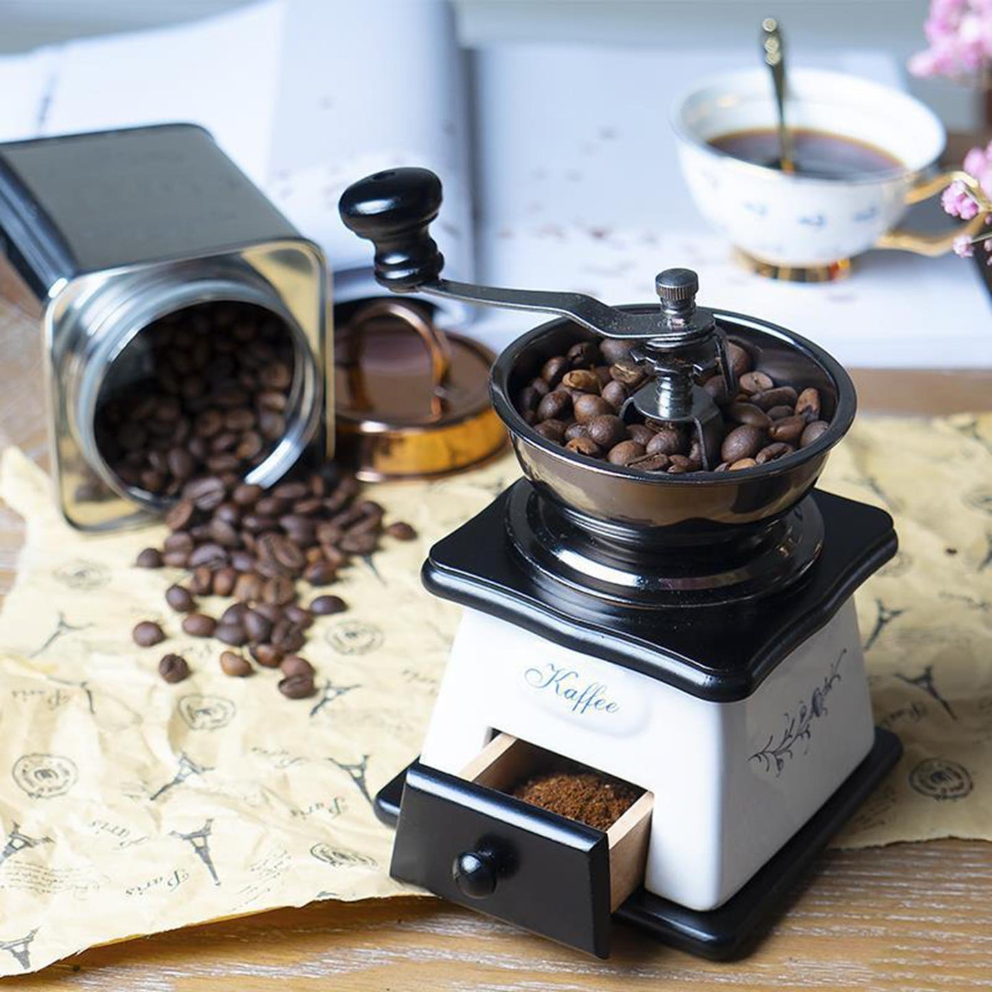Hand Crank Manual Coffee Grinder Machine with Ceramic Burrs and Catch Drawer