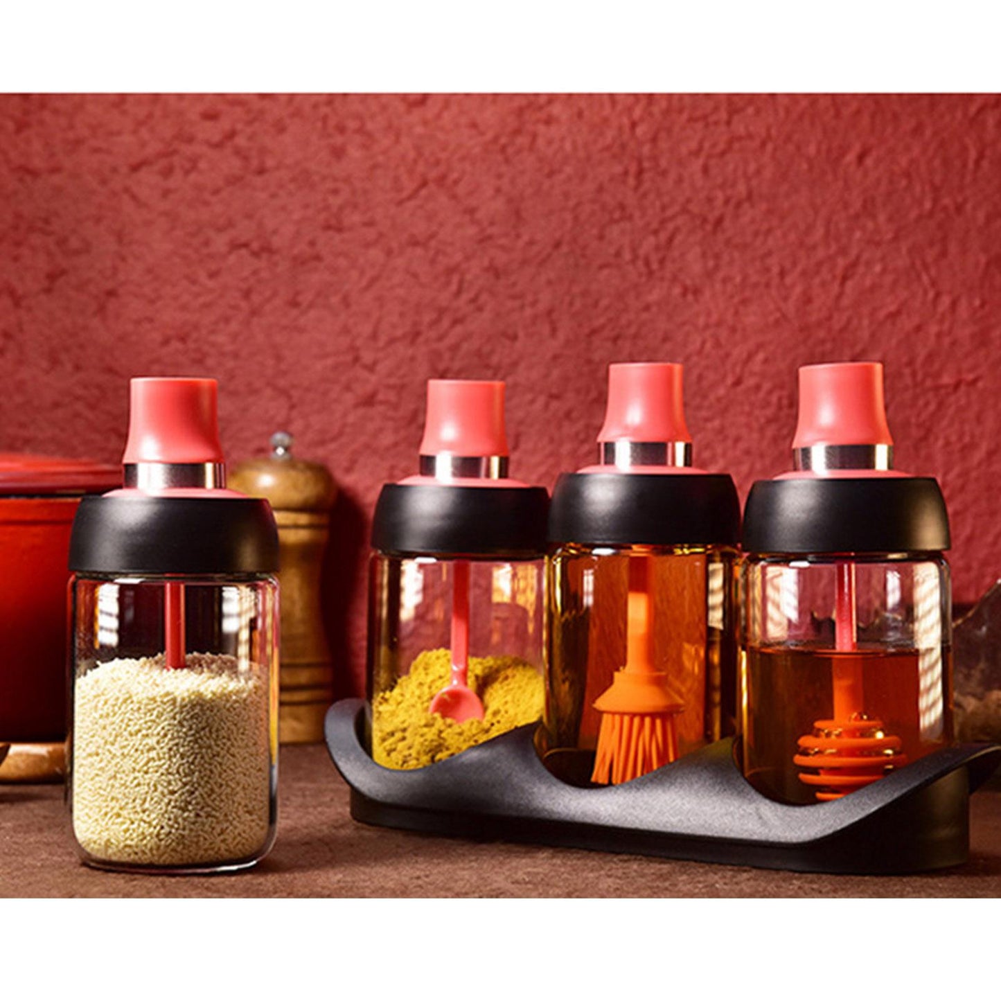 Kitchen Condiment Pots & Lid Sealed Store Various Spices Red Honey Dippers